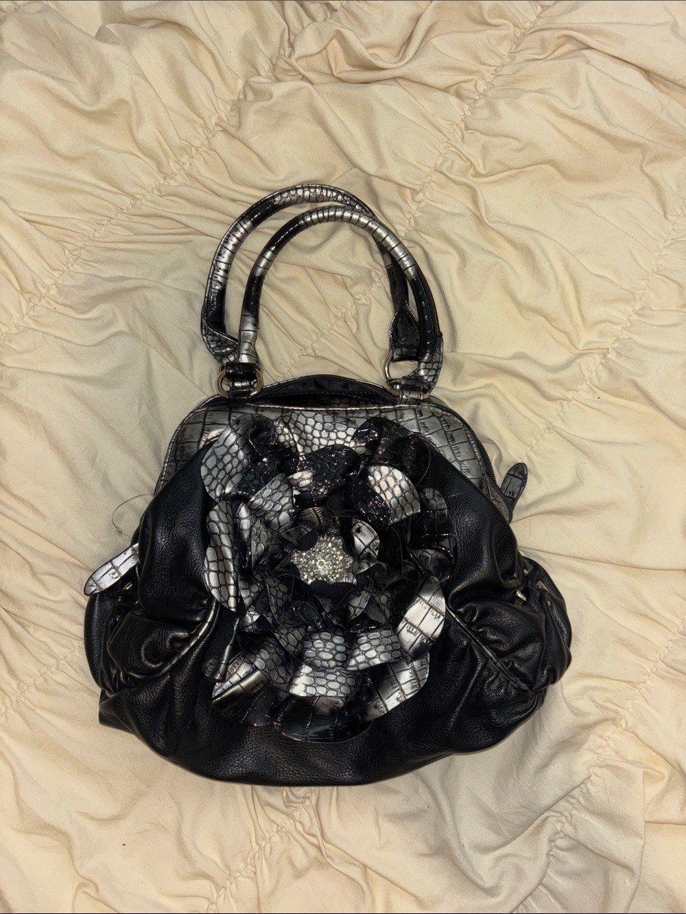 Black Floral Applique Shoulder Bag with Silver Accents